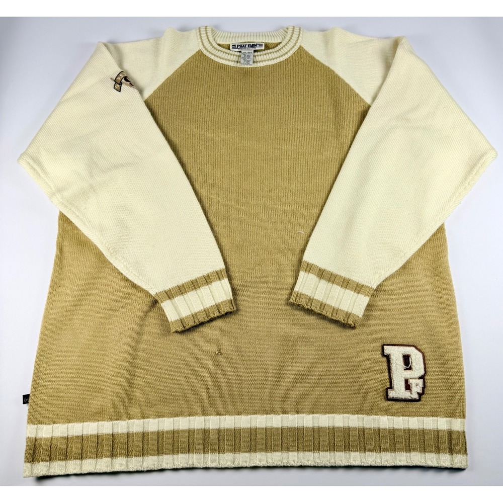 Phat Farm Vintage Mens XXL Knit Wool Blend Sweater Tan Cream Colorblock